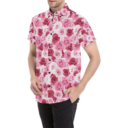 Pink Red Rose Pattern Print Men's Short Sleeve Button Up Shirt
