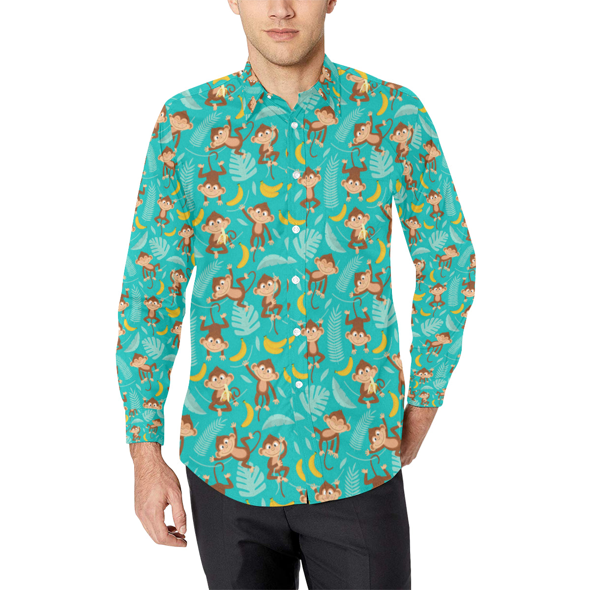 Monkey Happy Design Themed Print Men's Long Sleeve Shirt