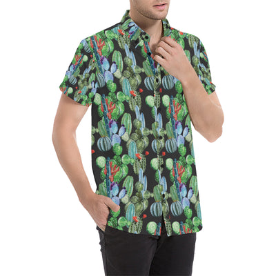 Cactus Watercolor Style Print Men's Short Sleeve Button Up Shirt