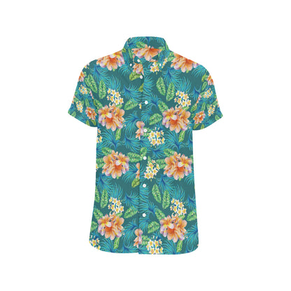 Plumeria Tropical Flower Design Print Men's Short Sleeve Button Up Shirt