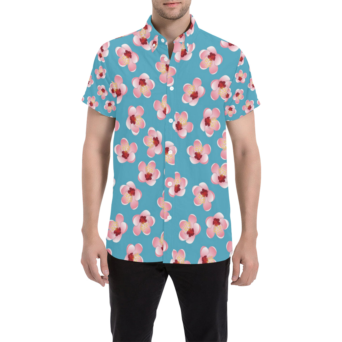 Cherry Blossom Pattern Print Design CB09 Men's Short Sleeve Button Up Shirt