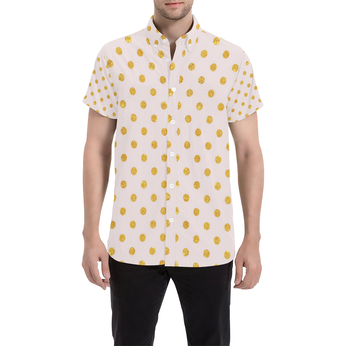 Polka Dot Gold Pink Pattern Print Design 01 Men's Short Sleeve Button Up Shirt