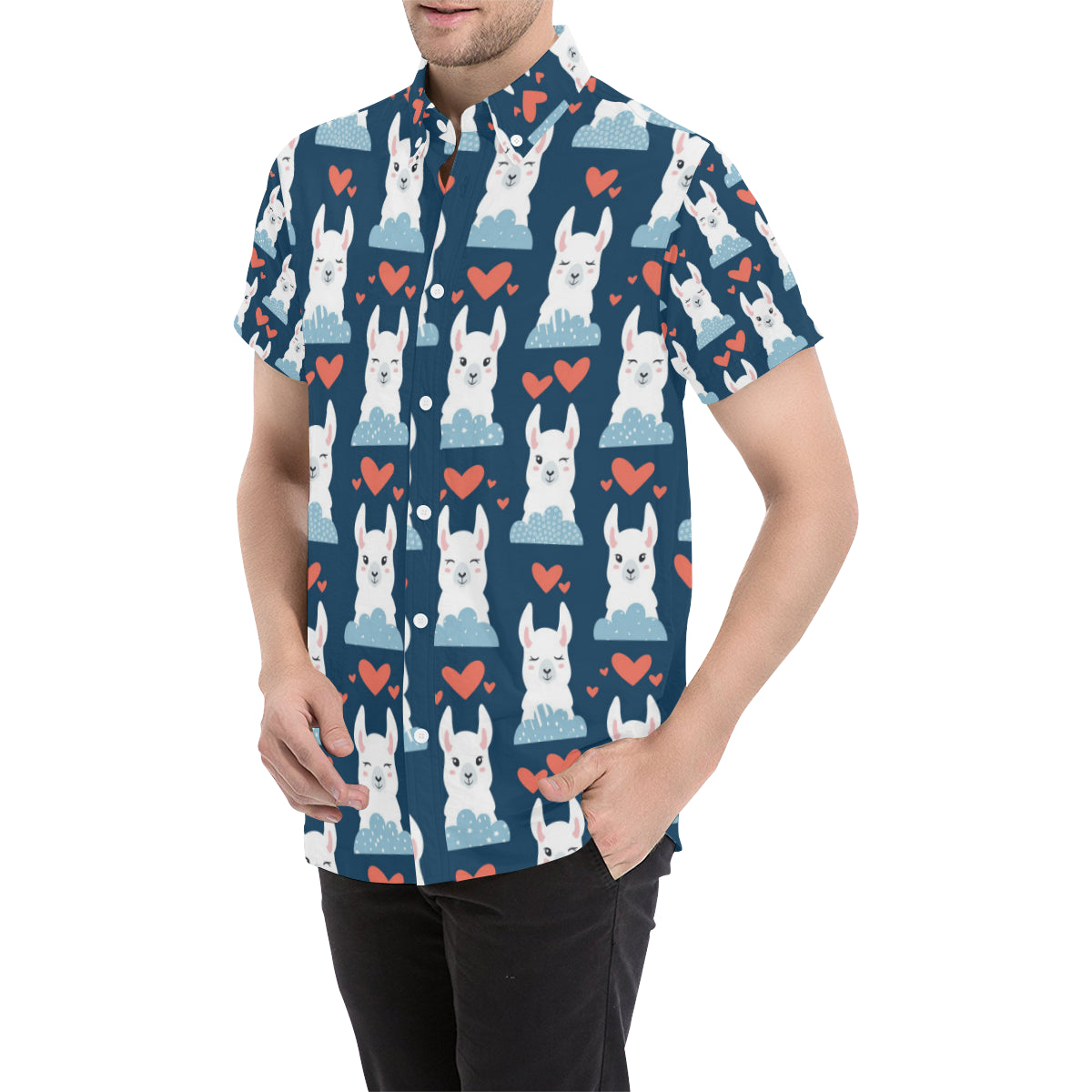 Alpaca Love Pattern Print Design 05 Men's Short Sleeve Button Up Shirt