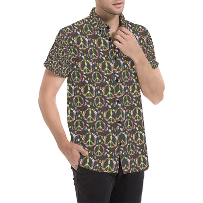 Peace Sign flowers Design Print Men's Short Sleeve Button Up Shirt