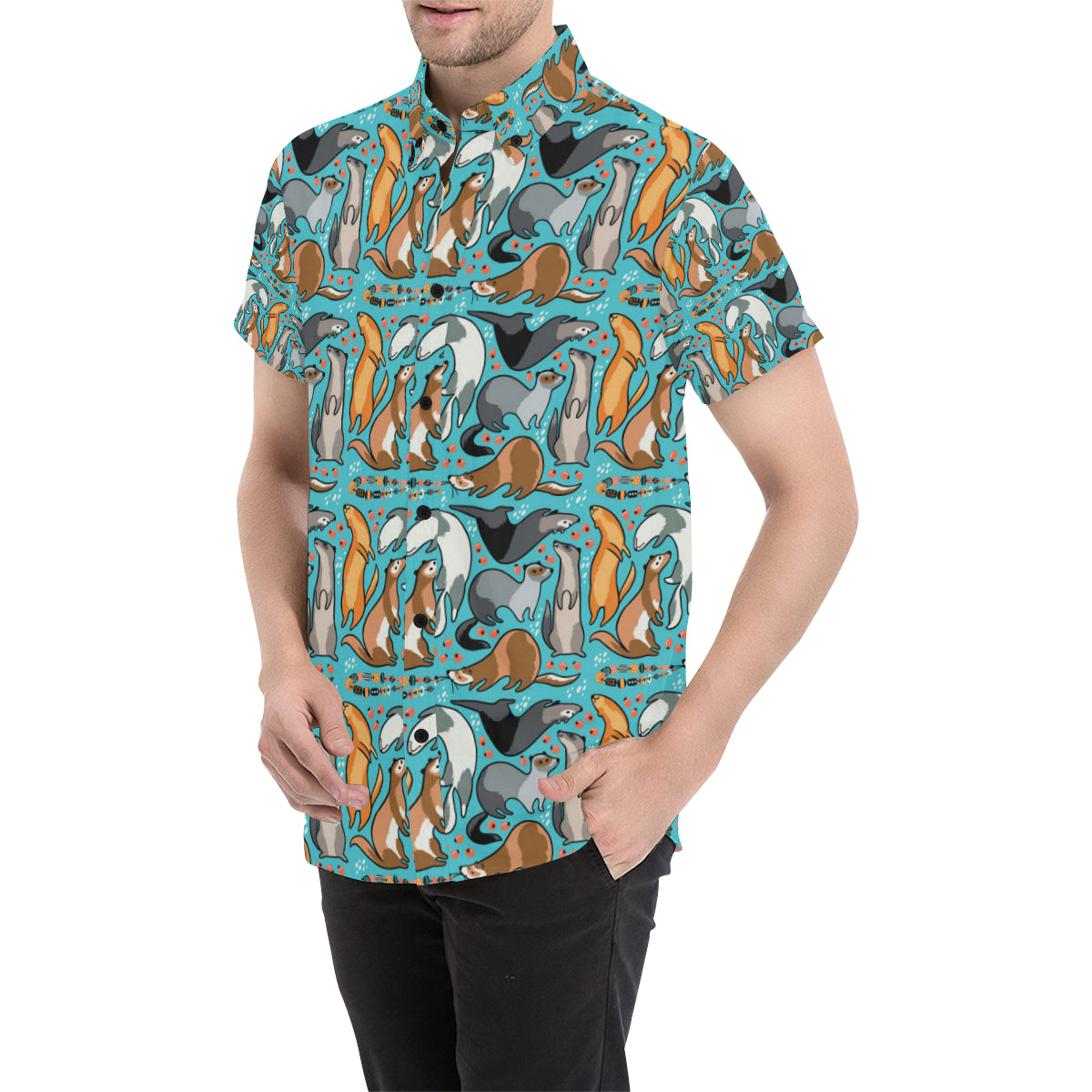 Ferret Pattern Print Design 03 Men's Short Sleeve Button Up Shirt