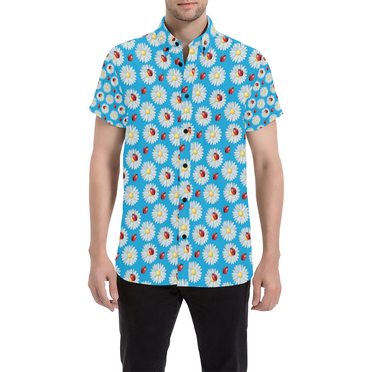 Ladybug with Daisy Themed Print Pattern Men's Short Sleeve Button Up Shirt