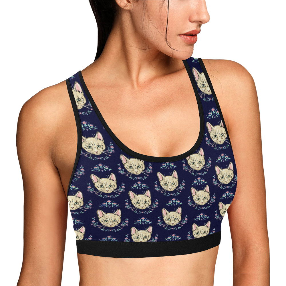 Cat Head with flower Print Pattern Sports Bra
