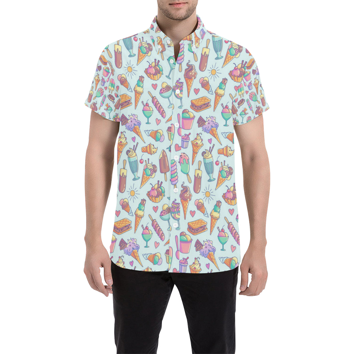 Ice Cream Pattern Print Design IC02 Men's Short Sleeve Button Up Shirt