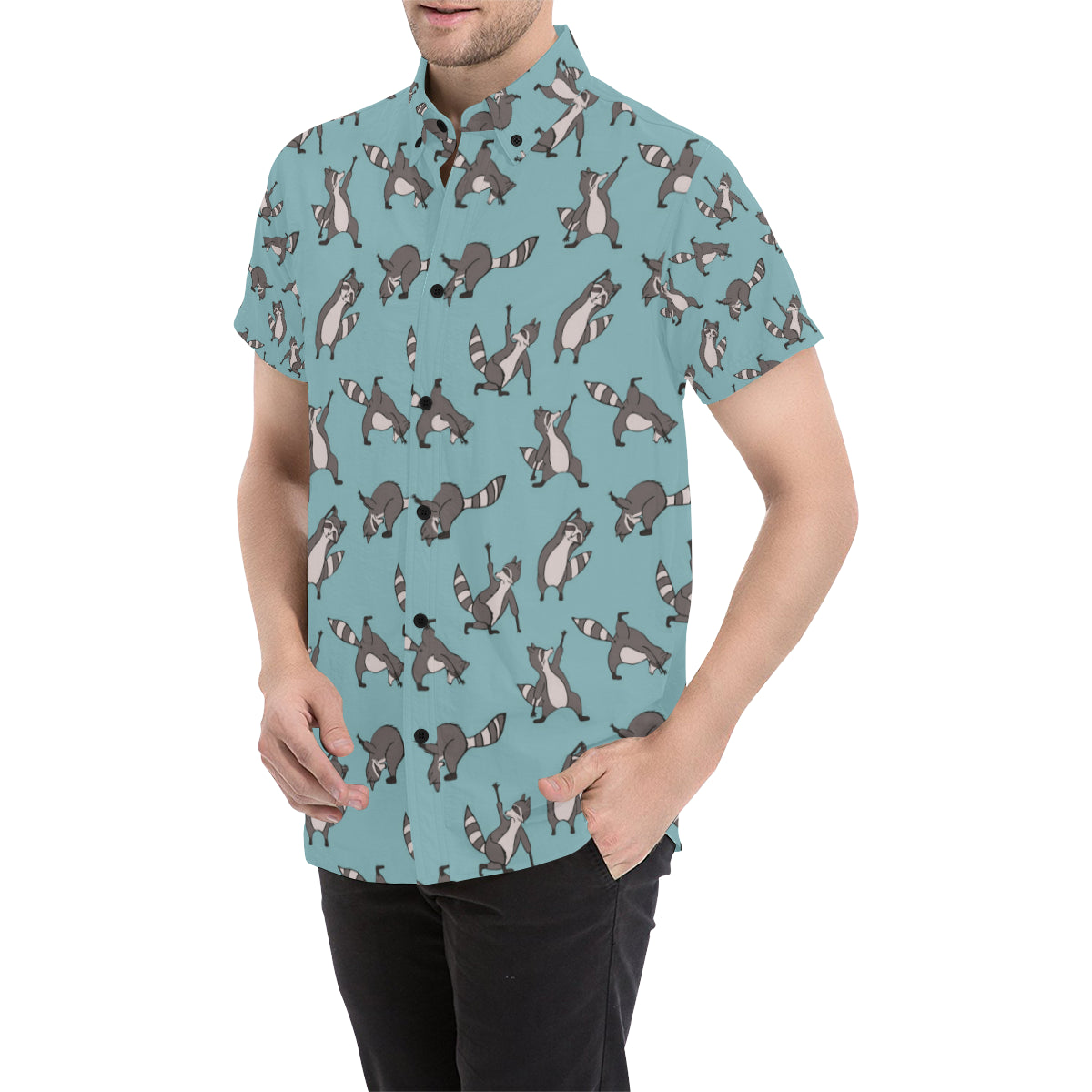 Raccoon Pattern Print Design A07 Men's Short Sleeve Button Up Shirt