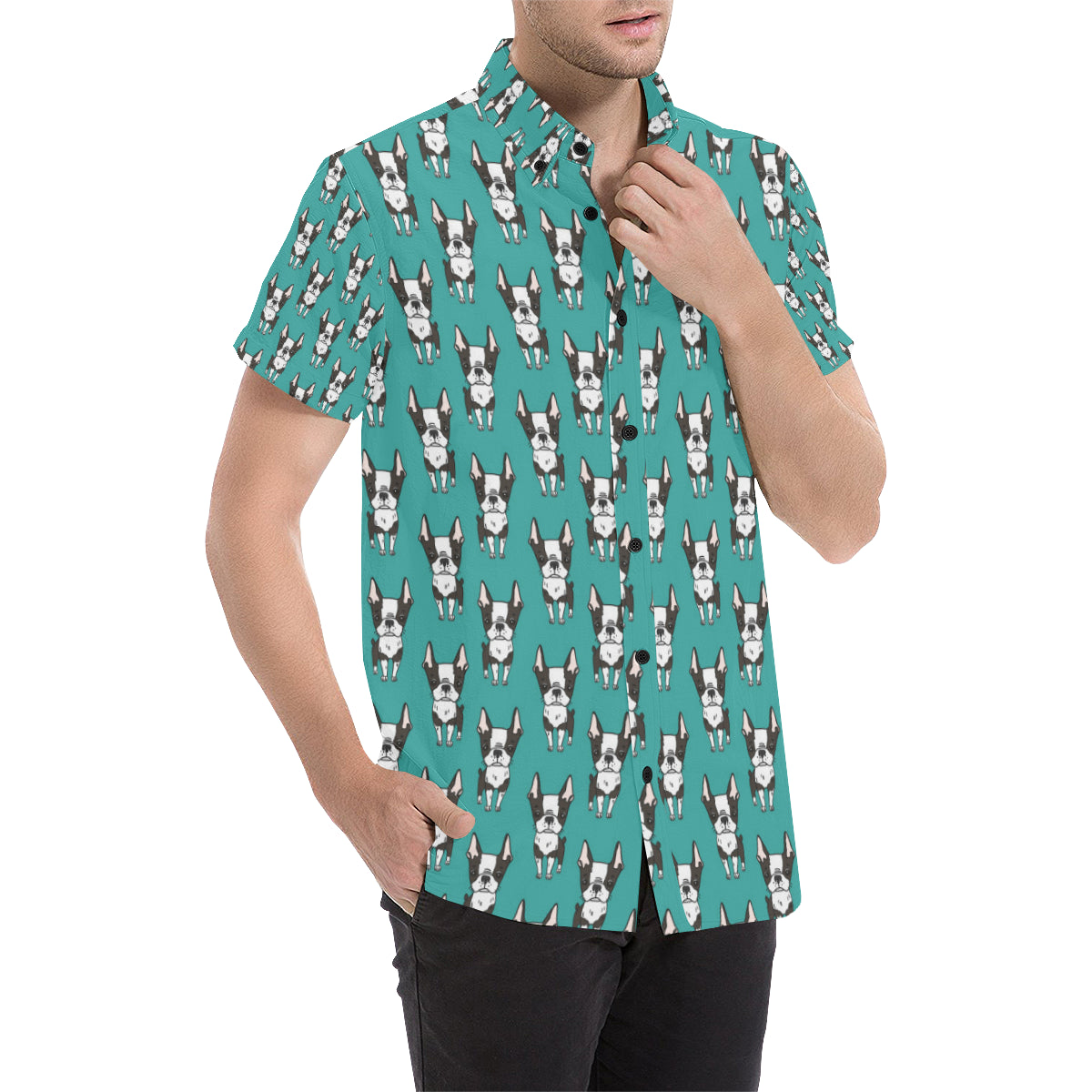 Boston Terrier Pattern Print Design 04 Men's Short Sleeve Button Up Shirt