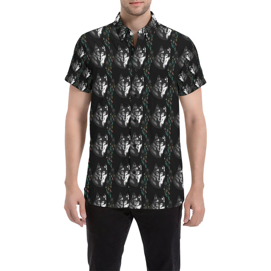 Wolf Black Dream Catcher Design Print Men's Short Sleeve Button Up Shirt