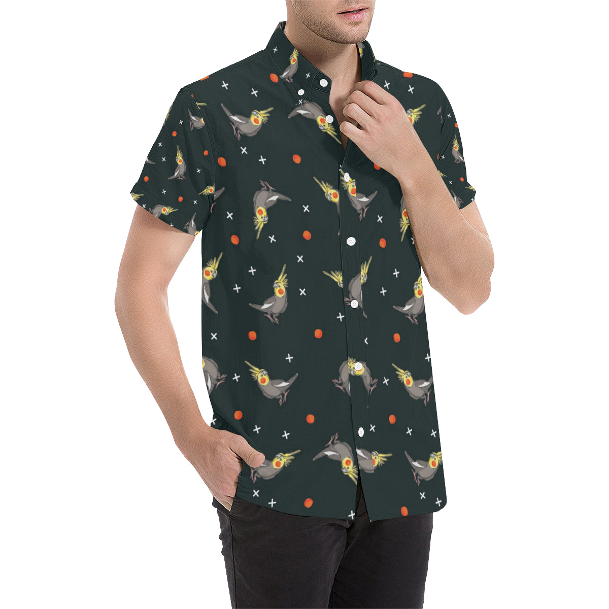 Cockatiel Pattern Print Design 02 Men's Short Sleeve Button Up Shirt