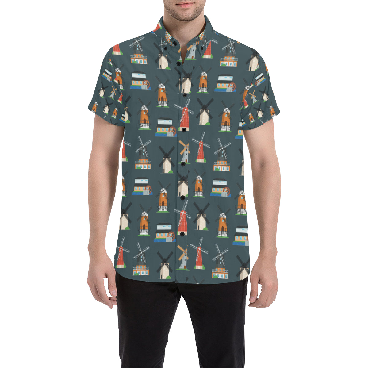 Windmill Pattern Print Design 04 Men's Short Sleeve Button Up Shirt