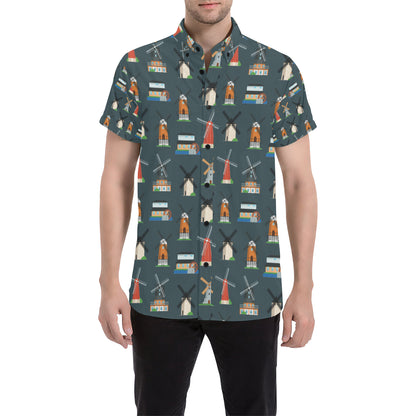 Windmill Pattern Print Design 04 Men's Short Sleeve Button Up Shirt
