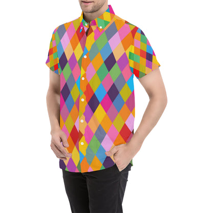 Harlequin Pattern Print Design 02 Men's Short Sleeve Button Up Shirt