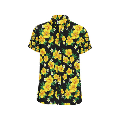 Yellow Hibiscus Pattern Print Design HB08 Men's Short Sleeve Button Up Shirt