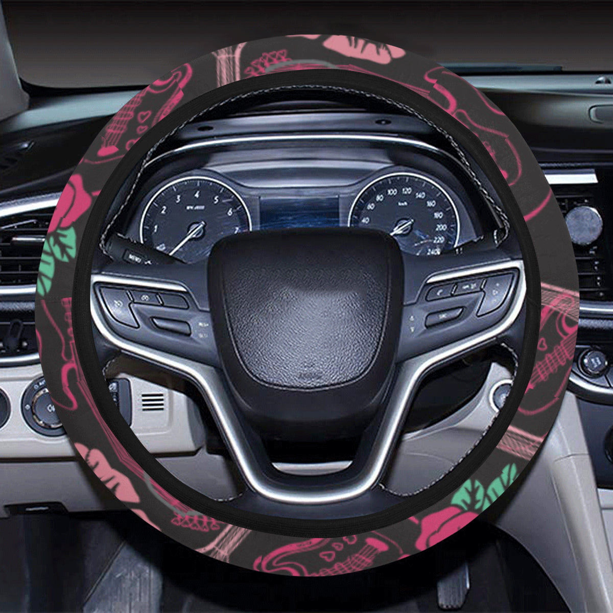 Bass Guitar Pink Rose Pattern Print Design 01 Steering Wheel Cover with Elastic Edge