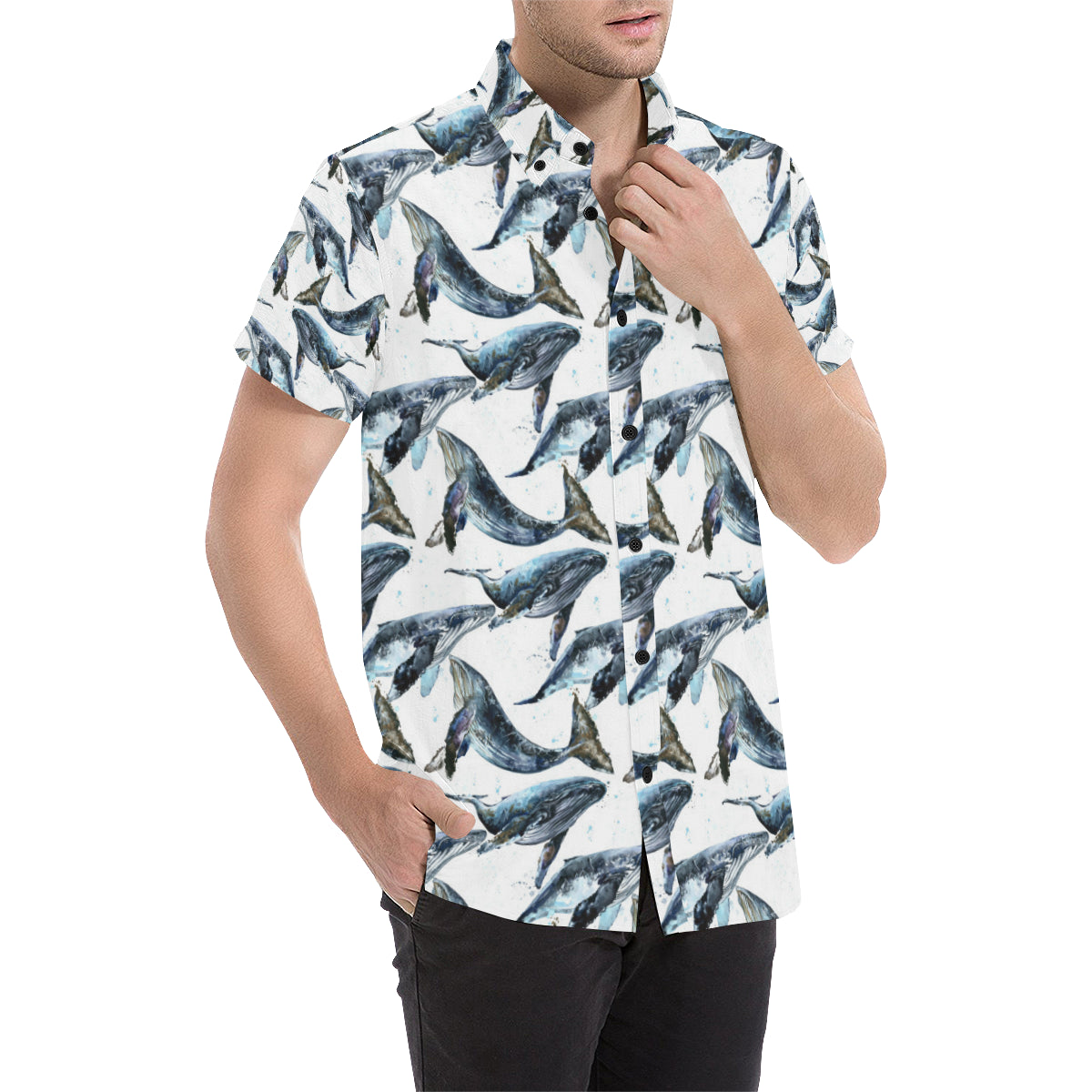 Blue Whale Pattern Print Design 03 Men's Short Sleeve Button Up Shirt