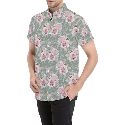 Rose White Pattern Print Design RO012 Men's Short Sleeve Button Up Shirt