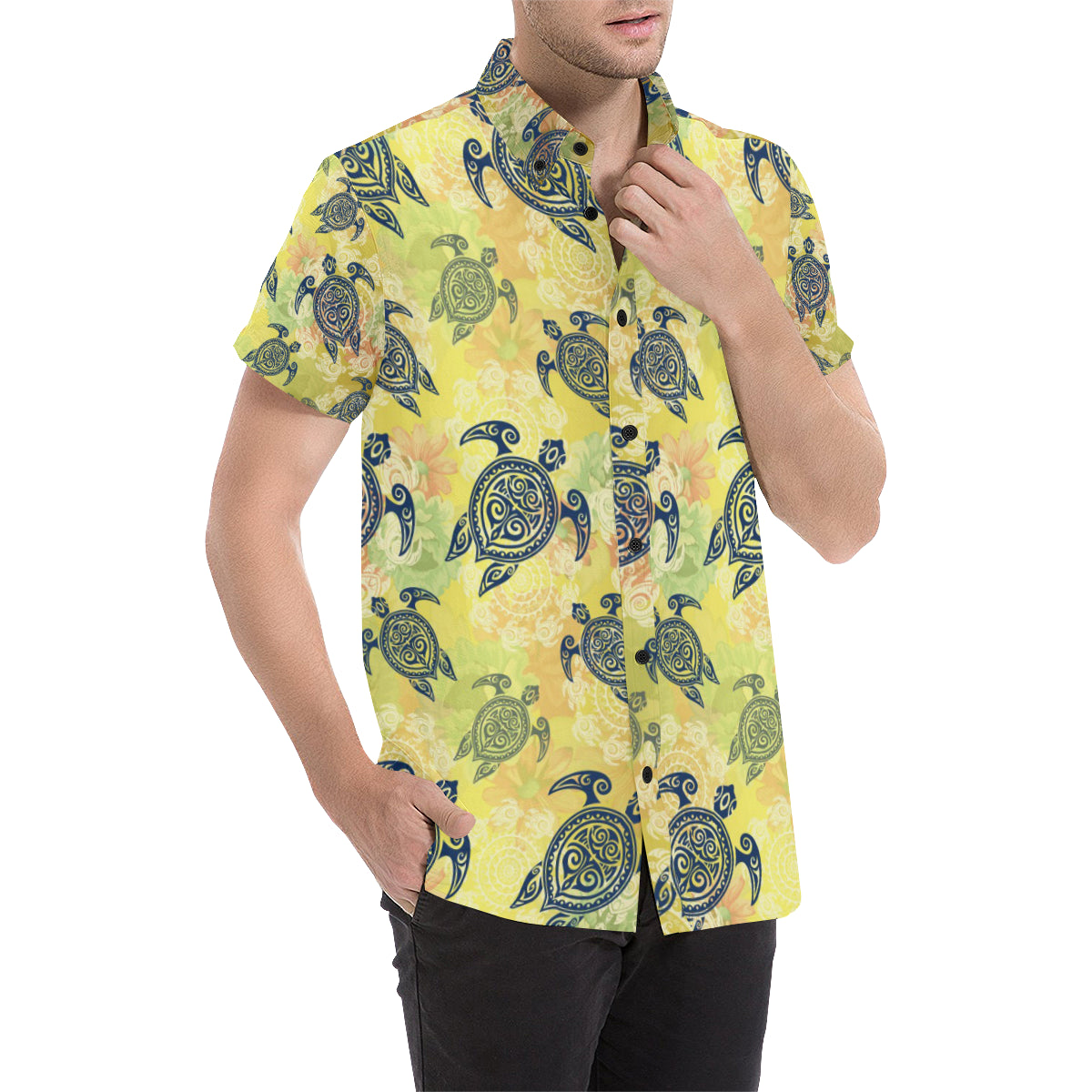 Hawaiian Turtle Tribal Design Print Men's Short Sleeve Button Up Shirt