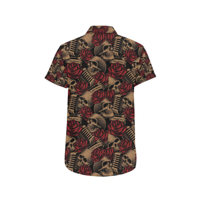 Microphone Skull Rose Pattern Print Design 02 Men's Short Sleeve Button Up Shirt