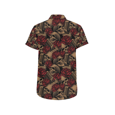 Microphone Skull Rose Pattern Print Design 02 Men's Short Sleeve Button Up Shirt