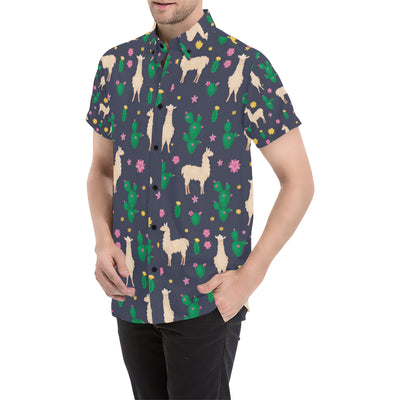 Llama Cactus Pattern Print Design 012 Men's Short Sleeve Button Up Shirt