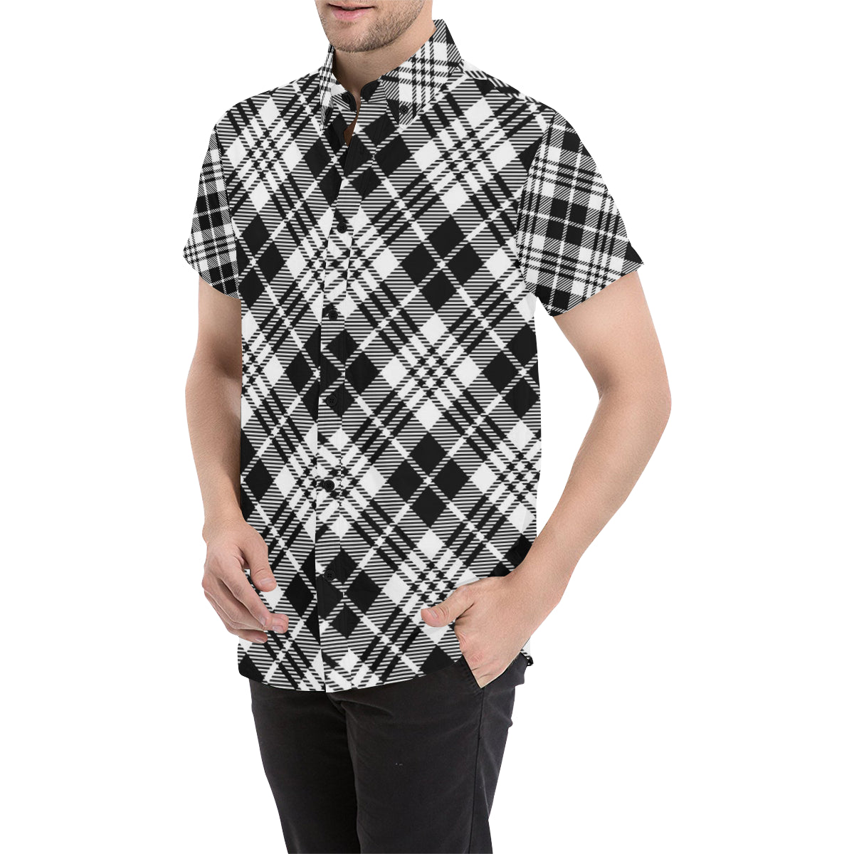 Plaid Black White Pattern Print Design A02 Men's Short Sleeve Button Up Shirt