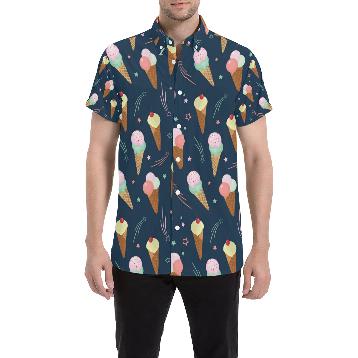 Ice Cream Pattern Print Design 04 Men's Short Sleeve Button Up Shirt