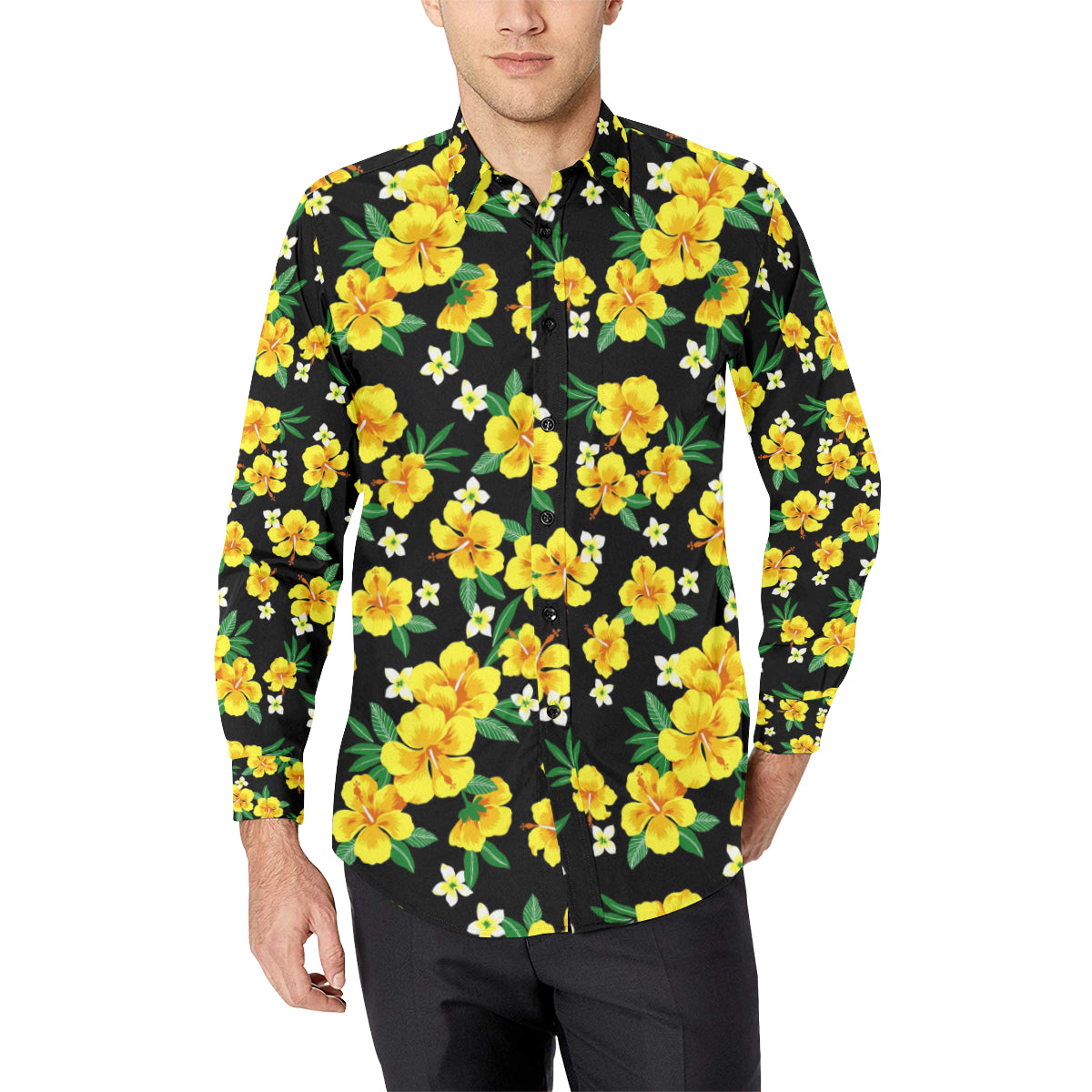 Yellow Hibiscus Pattern Print Design HB08 Men's Long Sleeve Shirt