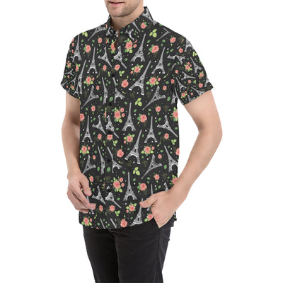 Eiffel Tower Rose Print Men's Short Sleeve Button Up Shirt