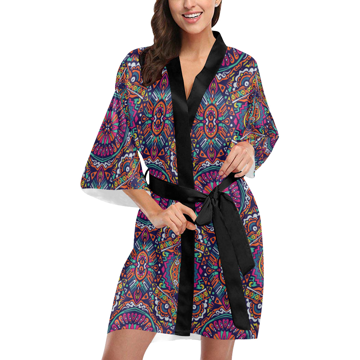 Boho Pattern Print Design 06 Women's Short Kimono
