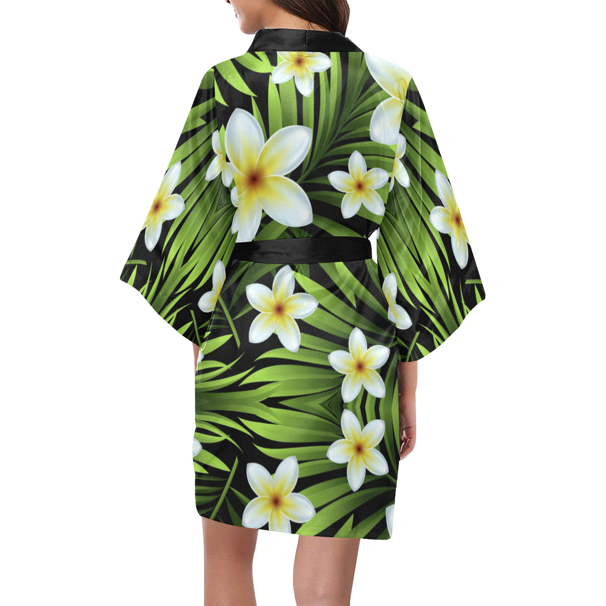 White Plumeria Pattern Print Design PM06 Women Kimono Robe