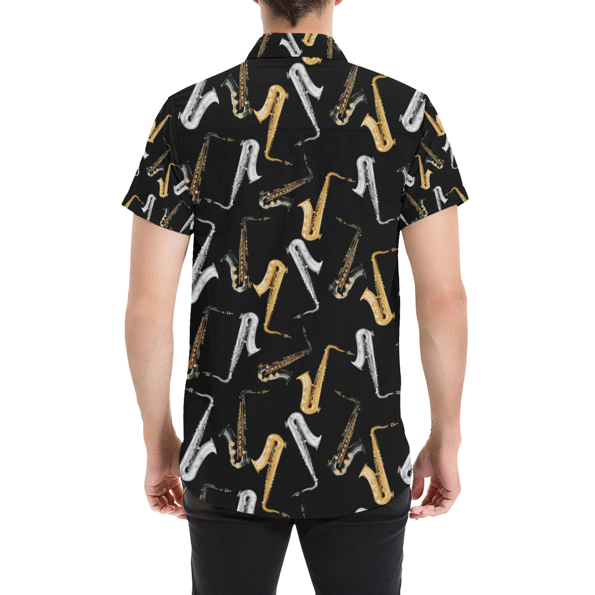 Saxophone Pattern Print Design 01 Men's Short Sleeve Button Up Shirt