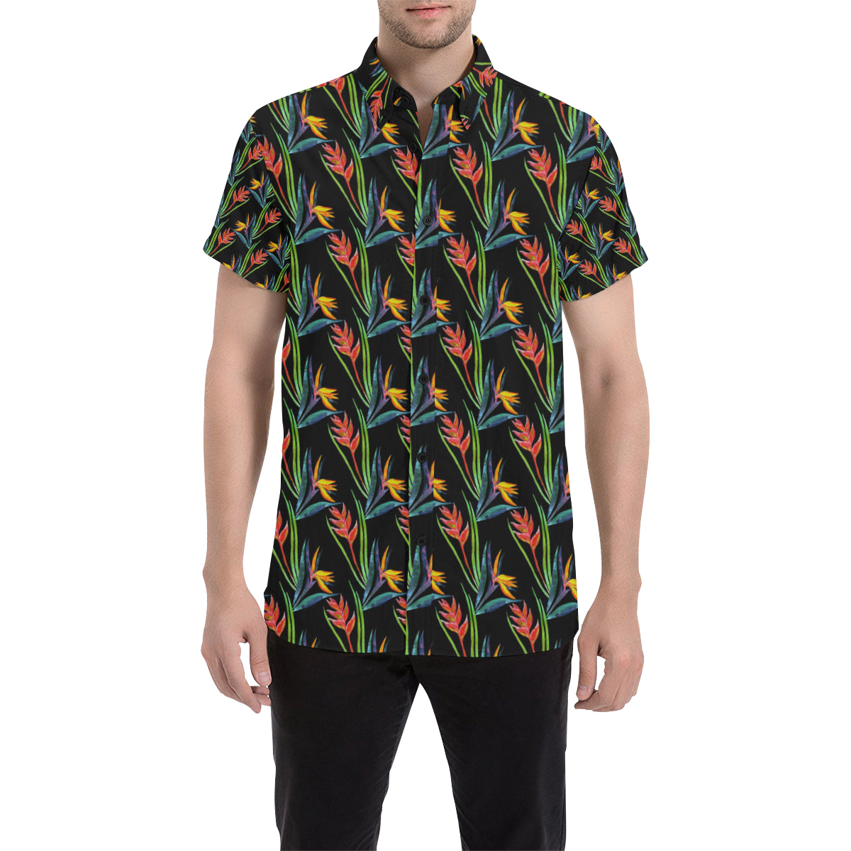 Heliconia Pattern Print Design HL04 Men's Short Sleeve Button Up Shirt