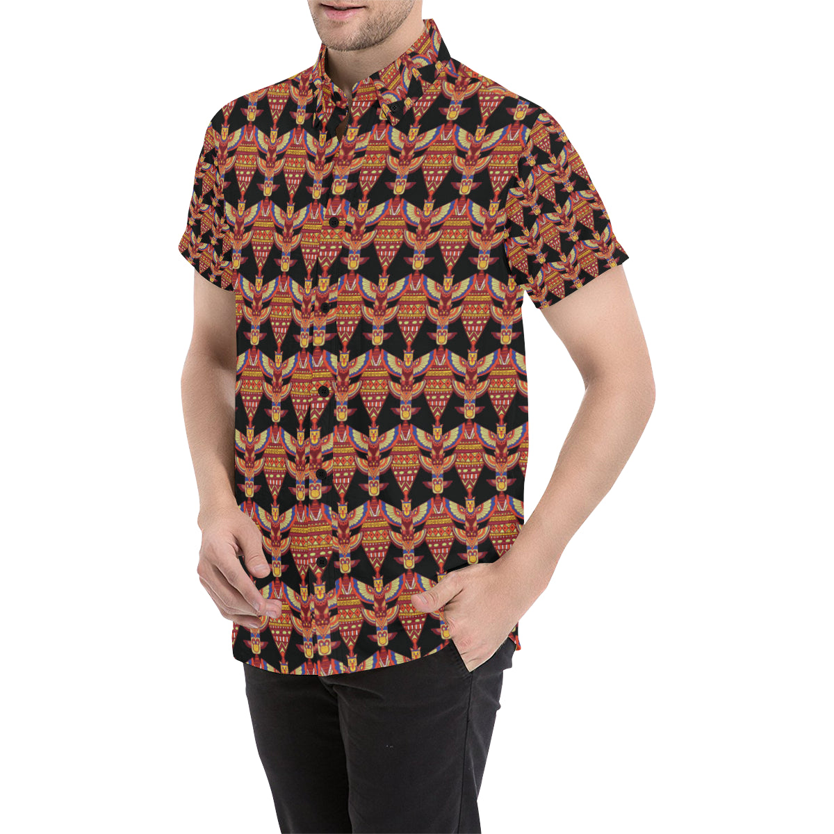 Totem Pole Print Men's Short Sleeve Button Up Shirt