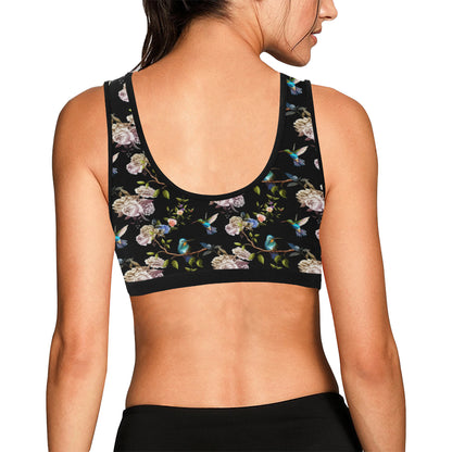 Hummingbird Flower Themed Print Sports Bra