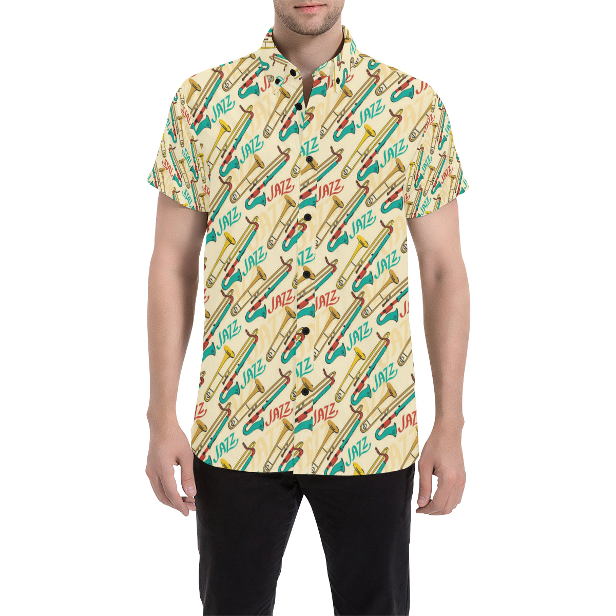 Trombone Pattern Print Design 03 Men's Short Sleeve Button Up Shirt