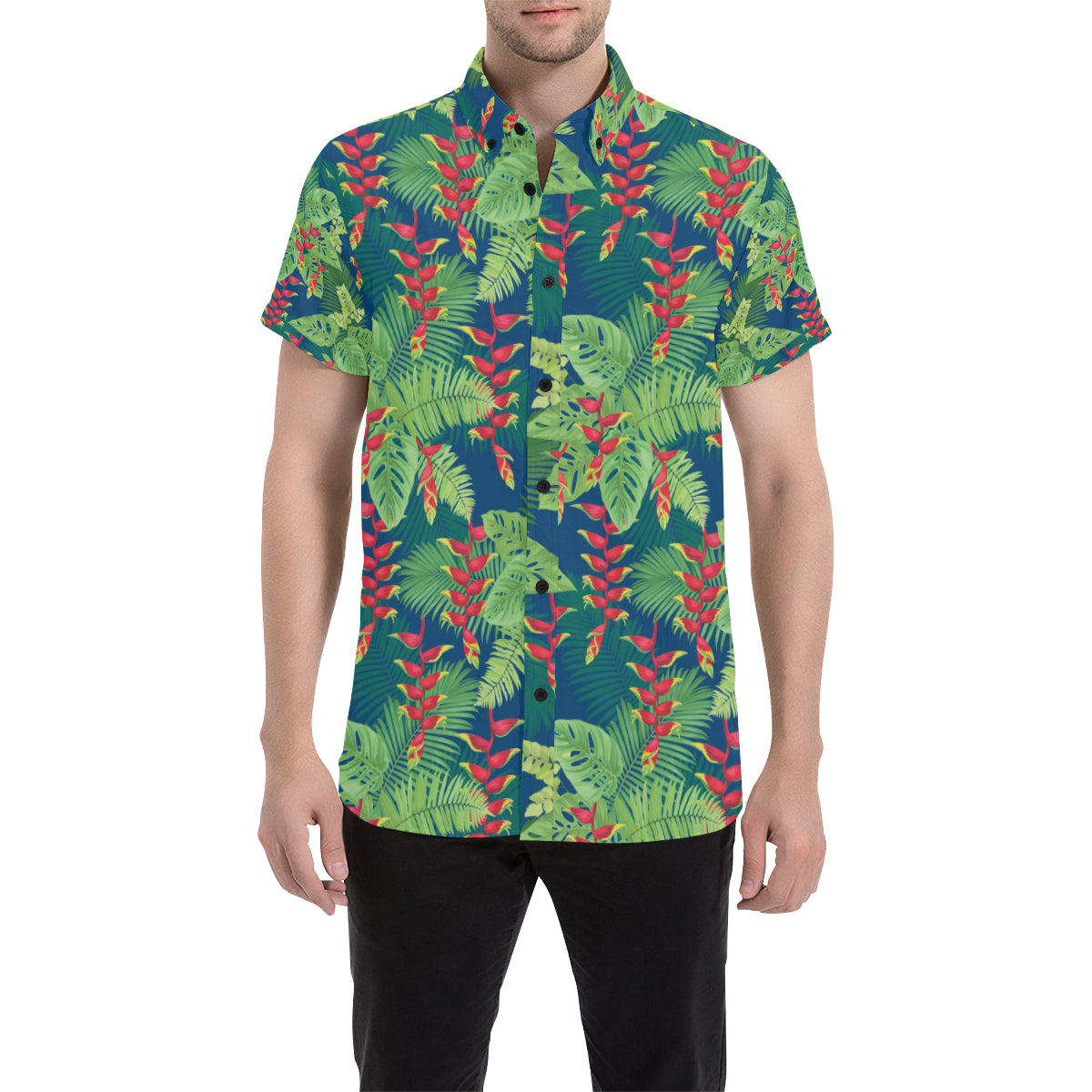 Heliconia Pattern Print Design HL08 Men's Short Sleeve Button Up Shirt