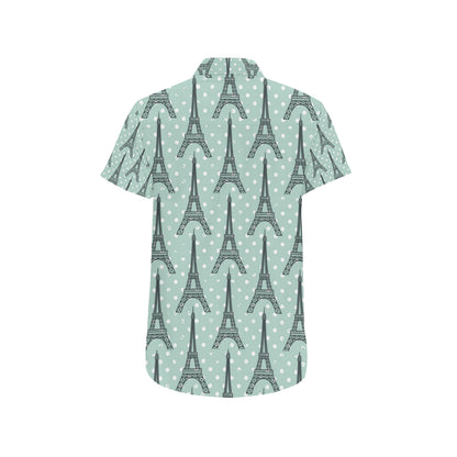 Eiffel Tower Polka Dot Print Men's Short Sleeve Button Up Shirt