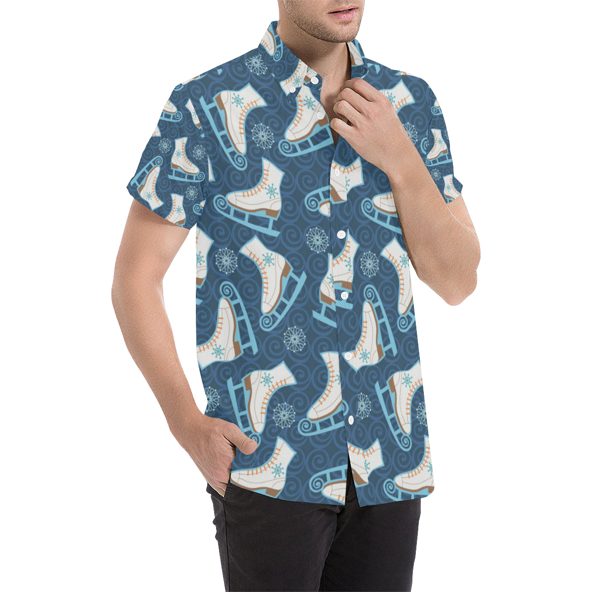 Ice Skate Pattern Print Design 01 Men's Short Sleeve Button Up Shirt