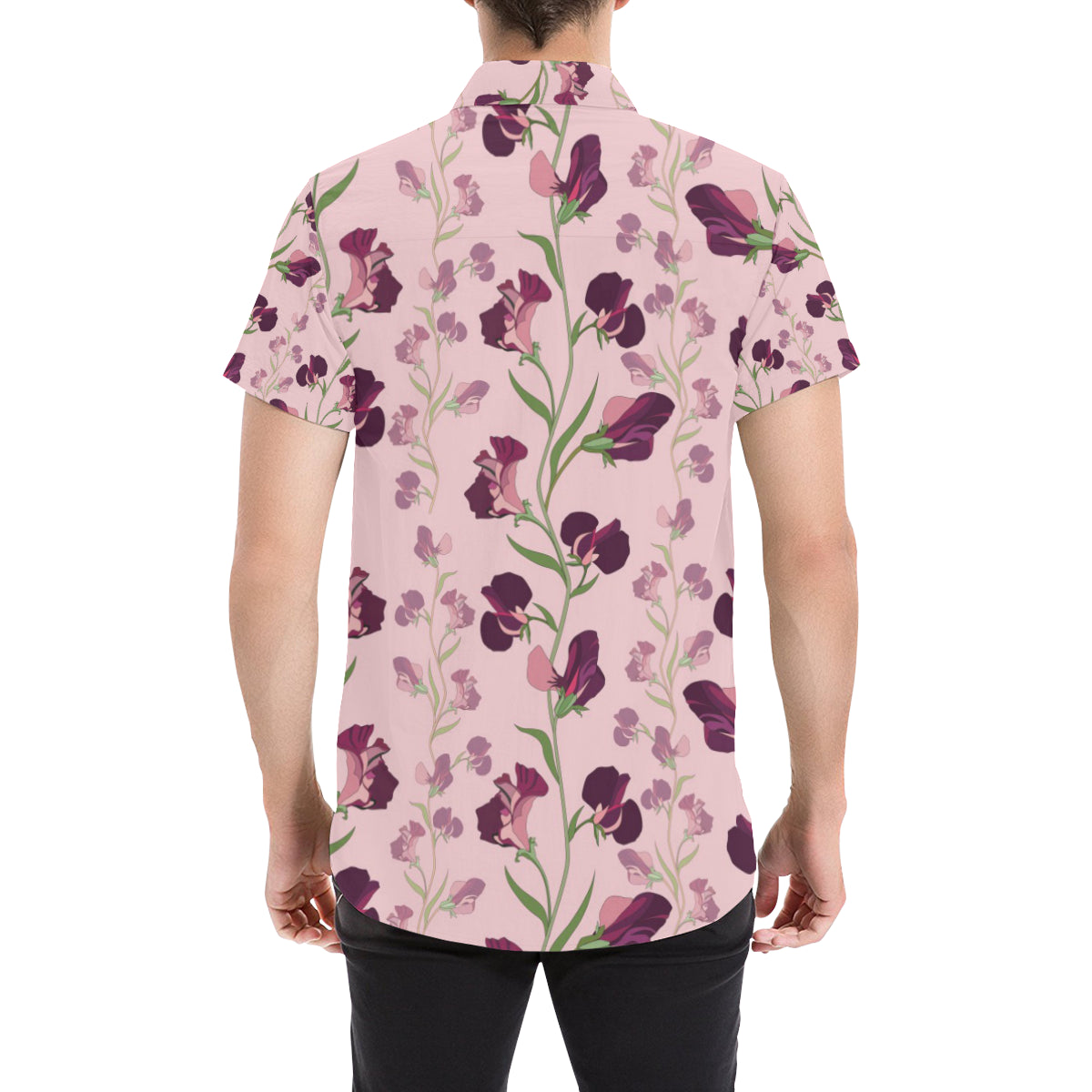 Peony Pattern Print Design PE09 Men's Short Sleeve Button Up Shirt