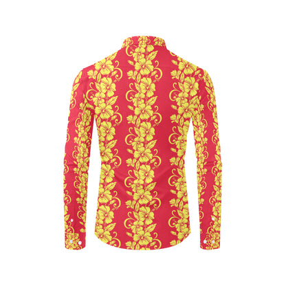 Orange Hibiscus Pattern Print Design HB018 Men's Long Sleeve Shirt