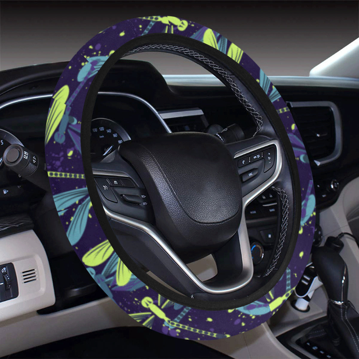 Dragonfly Lime Blue Print Pattern Steering Wheel Cover with Elastic Edge