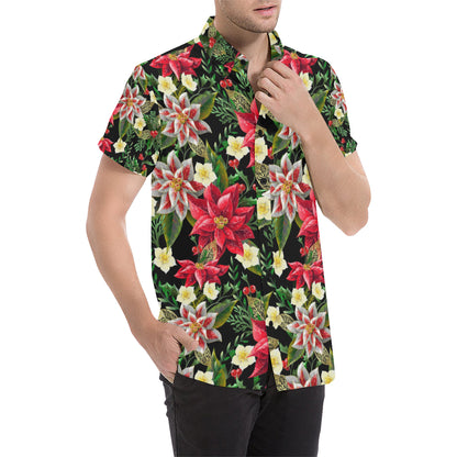 Poinsettia Pattern Print Design POT05 Men's Short Sleeve Button Up Shirt