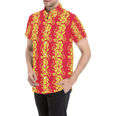 Orange Hibiscus Pattern Print Design HB018 Men's Short Sleeve Button Up Shirt