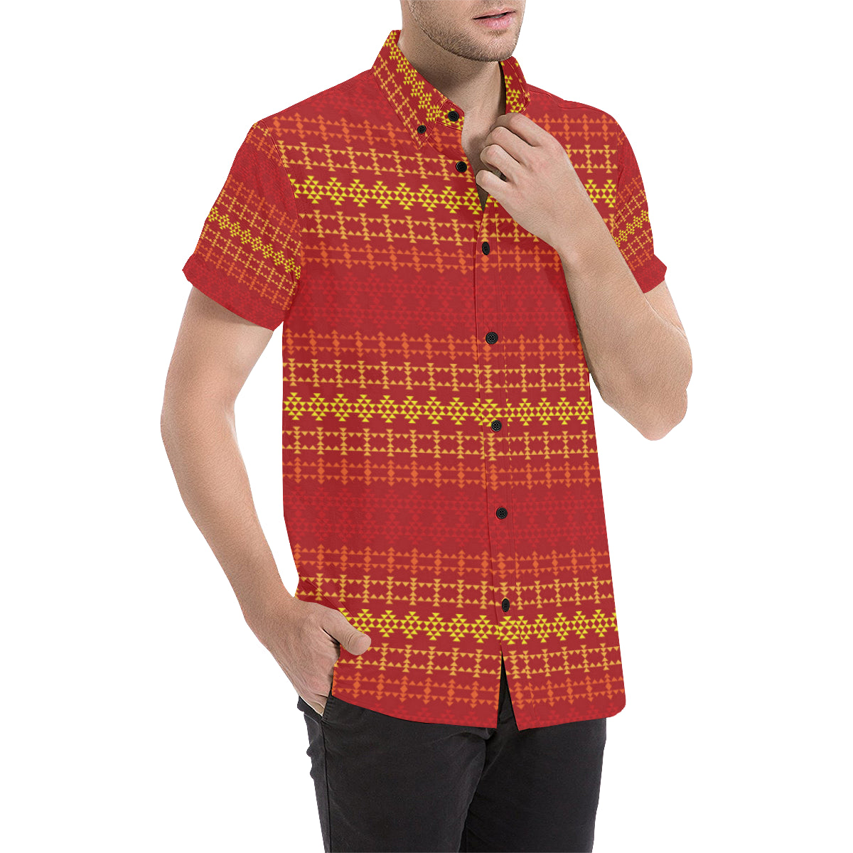 Southwest Red Gold Design Themed Print Men's Short Sleeve Button Up Shirt
