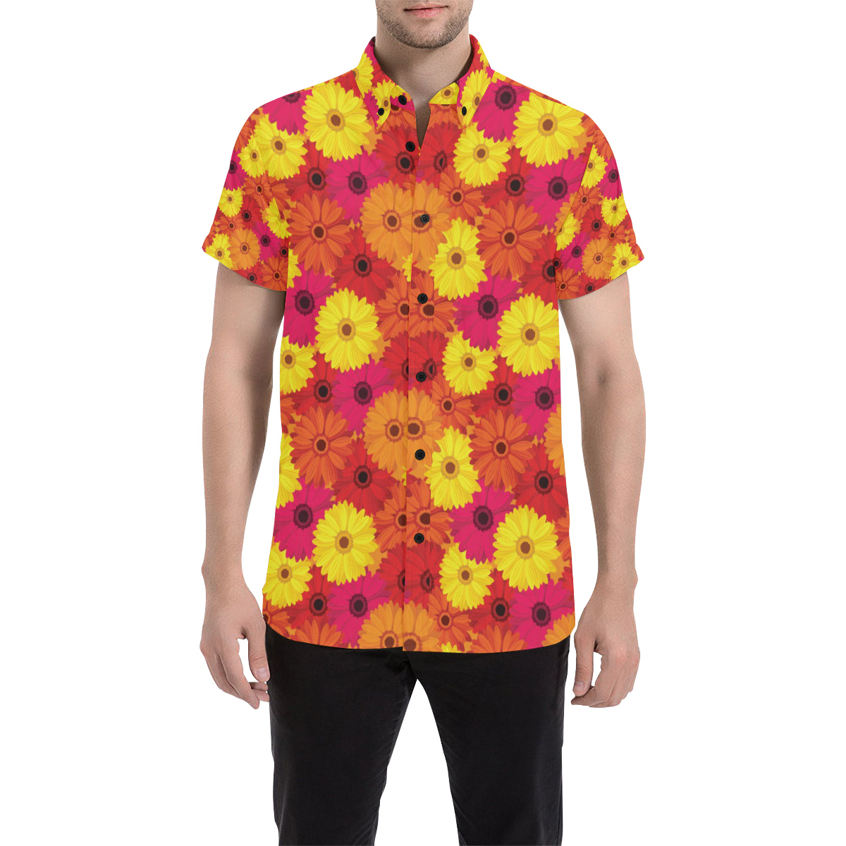 Gerberas Pattern Print Design GB05 Men's Short Sleeve Button Up Shirt