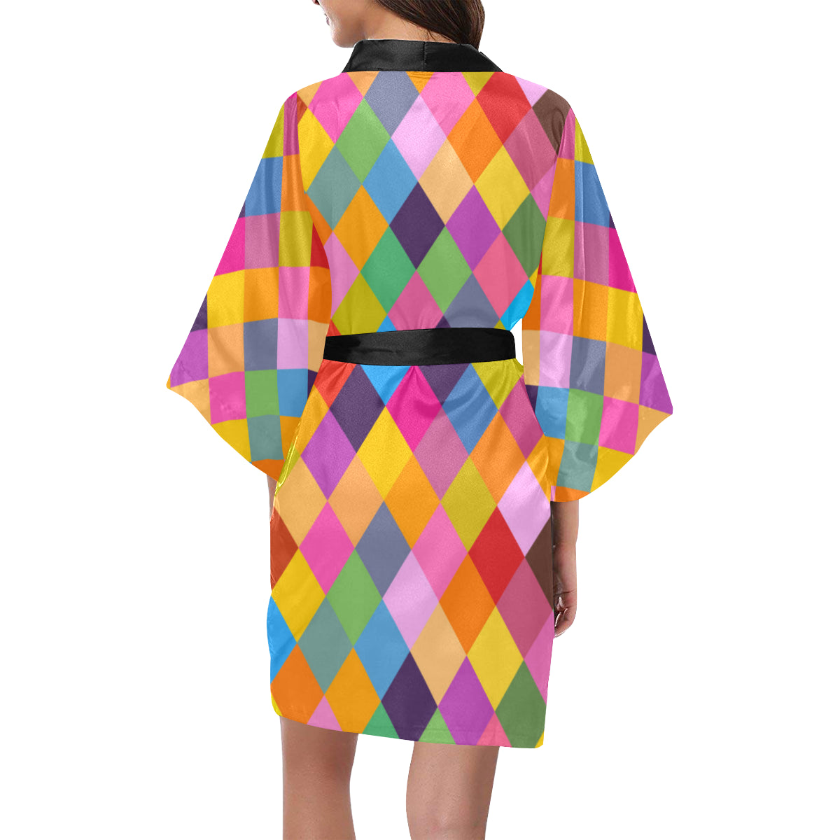 Harlequin Pattern Print Design 02 Women's Short Kimono