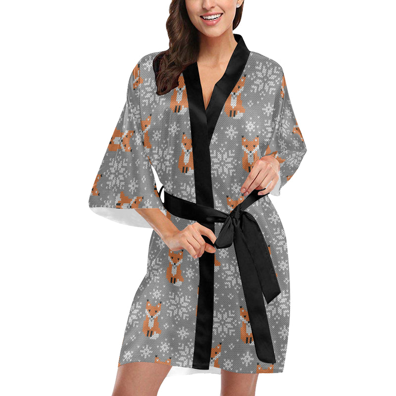 Knit Red Fox Pattern Print Design 02 Women's Short Kimono